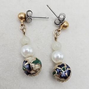 VINTAGE Cloisonne Blue Floral Beaded Dangle Earrings Post